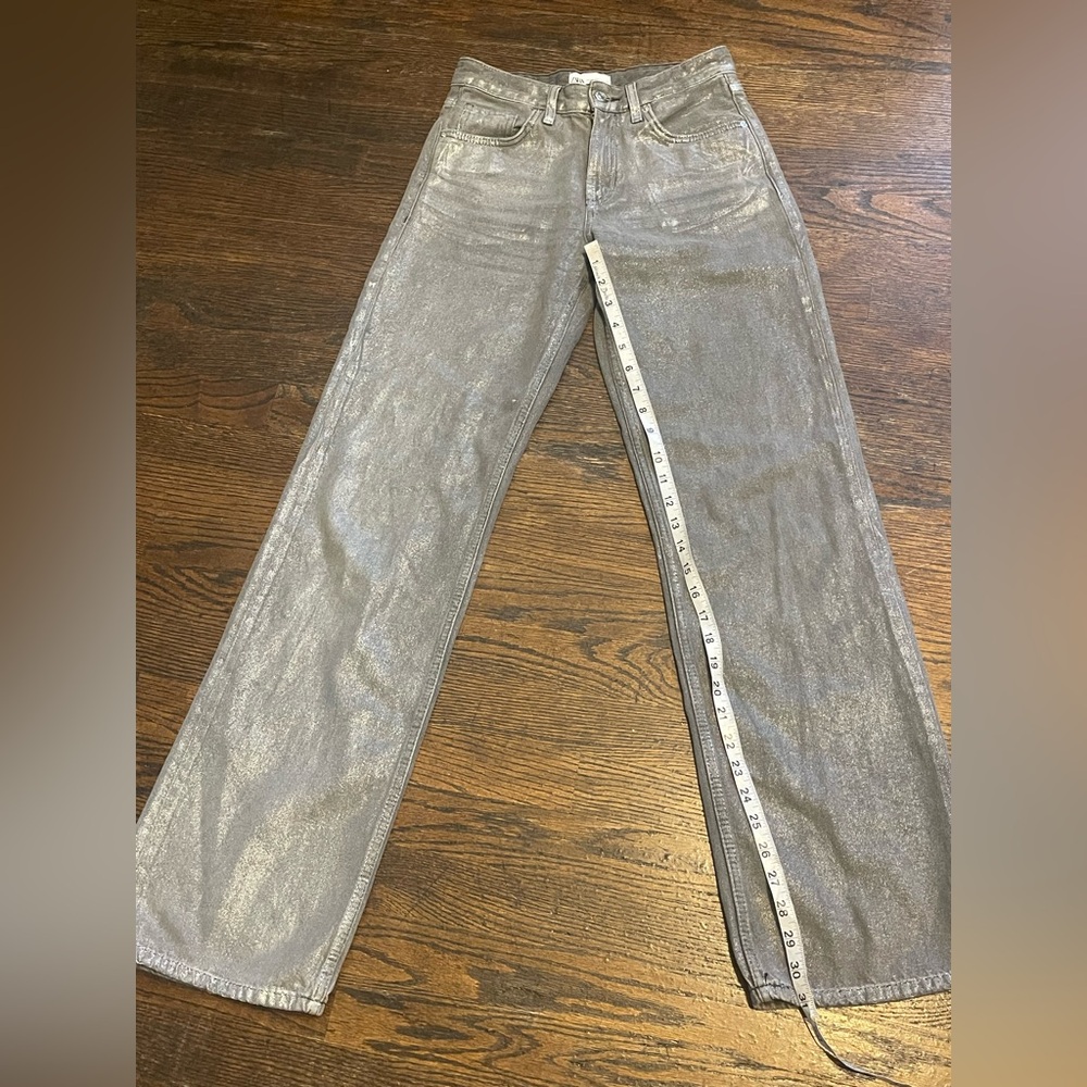 Zara Metallic Silver Straight-Leg Jeans women’s size 2 - Picture 8 of 12
